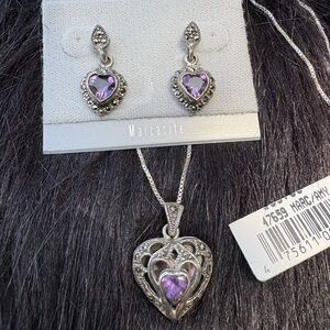 Hillard & Hanson Purple sterling Silver marcasite Earrings & heart locket